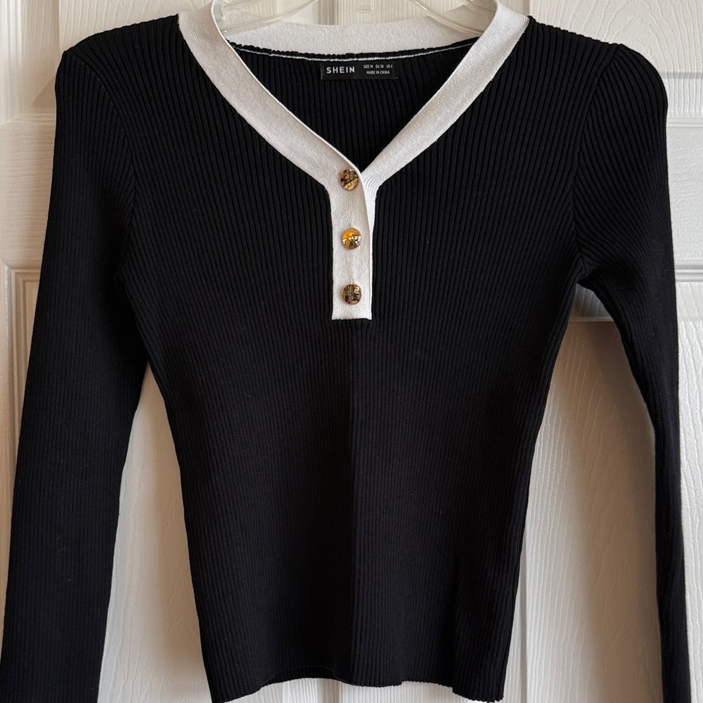 SHEIN Black Ribbed Top with White Trim